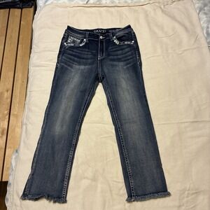 Grace In LA Jeans Women's 29 Dark Blue Flood Fray Hem Aztec Dream Catcher Crop